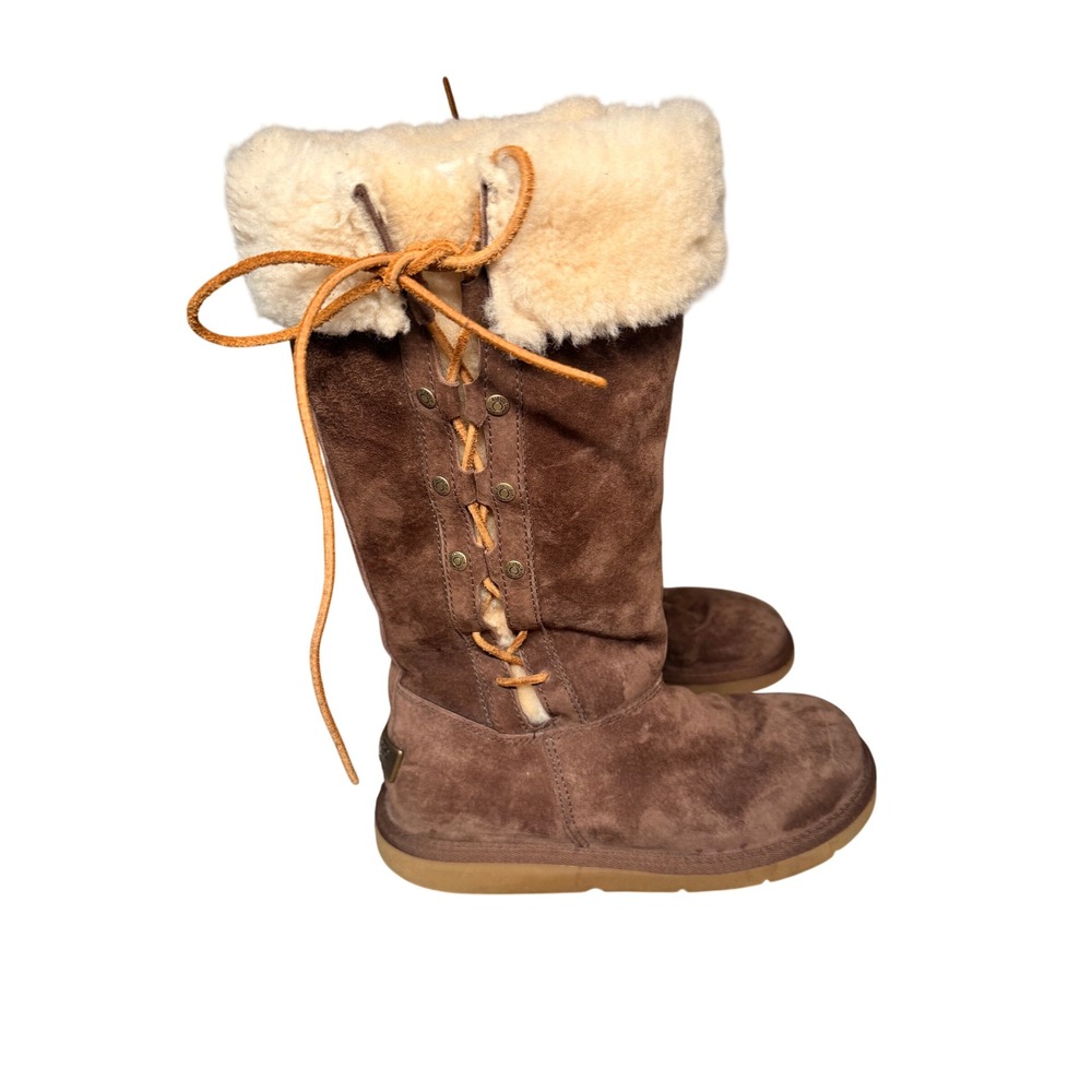 UGG Australia Upside 5163 Chestnut Suede Shearling Lace Up Tall Boots Sz 7